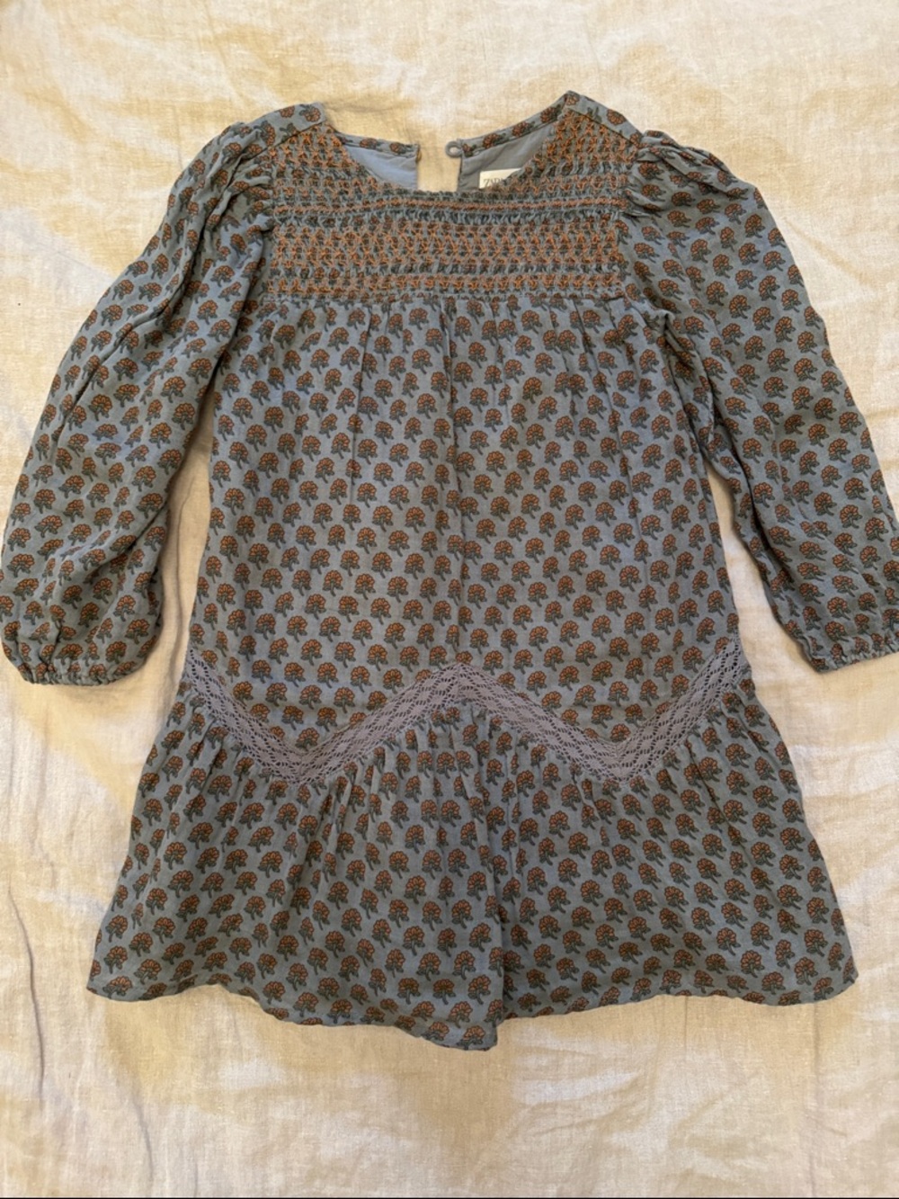 Zara Blue Floral Smocked Long-Sleeve Girls Dress with Rust Accents